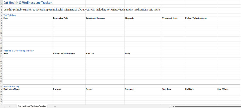Cat Health and Wellness Log Tracker Spreadsheet