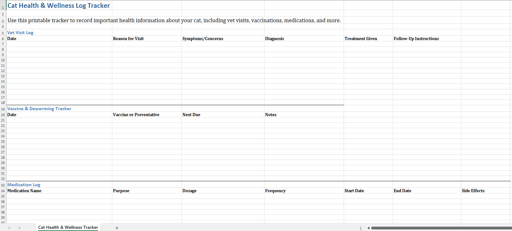 Cat Health and Wellness Log Tracker Spreadsheet